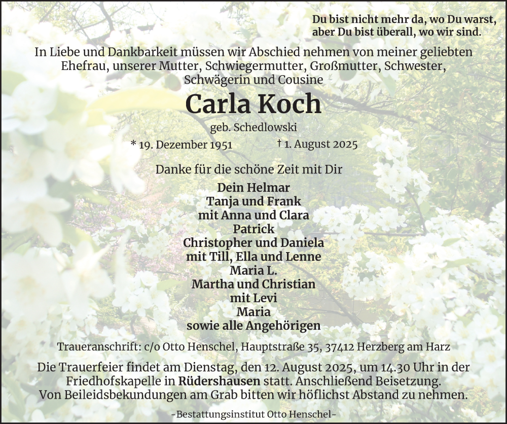  Traueranzeige für Carla Koch vom 09.08.2025 aus Harz Kurier