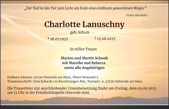 Traueranzeige von Charlotte Lanuschny von Harz Kurier