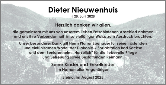 Traueranzeige von Dieter Nieuwenhuis von Harz Kurier