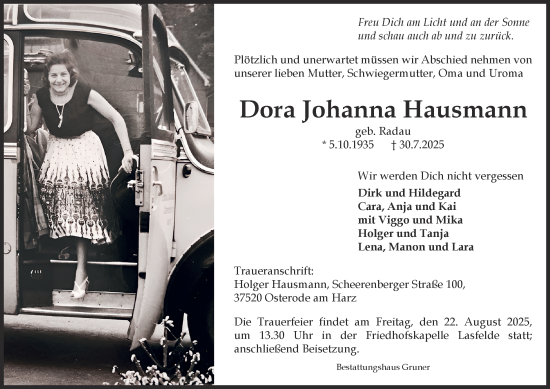 Traueranzeige von Dora Johanna Hausmann von Harz Kurier