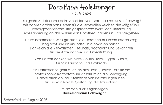 Traueranzeige von Dorothea Holzberger von Harz Kurier