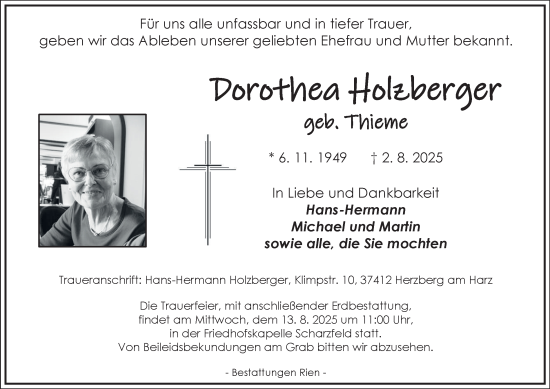 Traueranzeige von Dorothea Holzberger von Harz Kurier