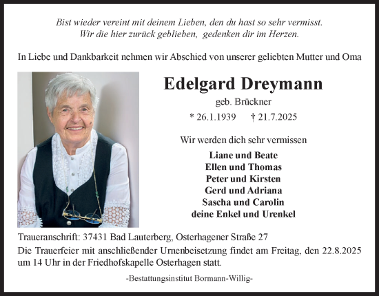 Traueranzeige von Edelgard Dreymann von Harz Kurier