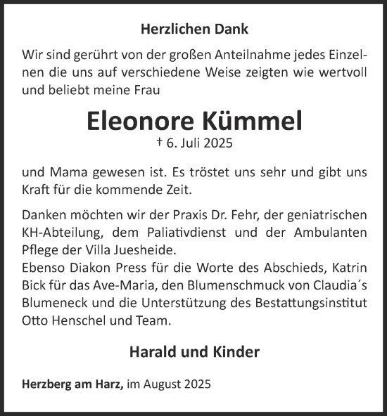 Traueranzeige von Eleonore Kümmel von Harz Kurier