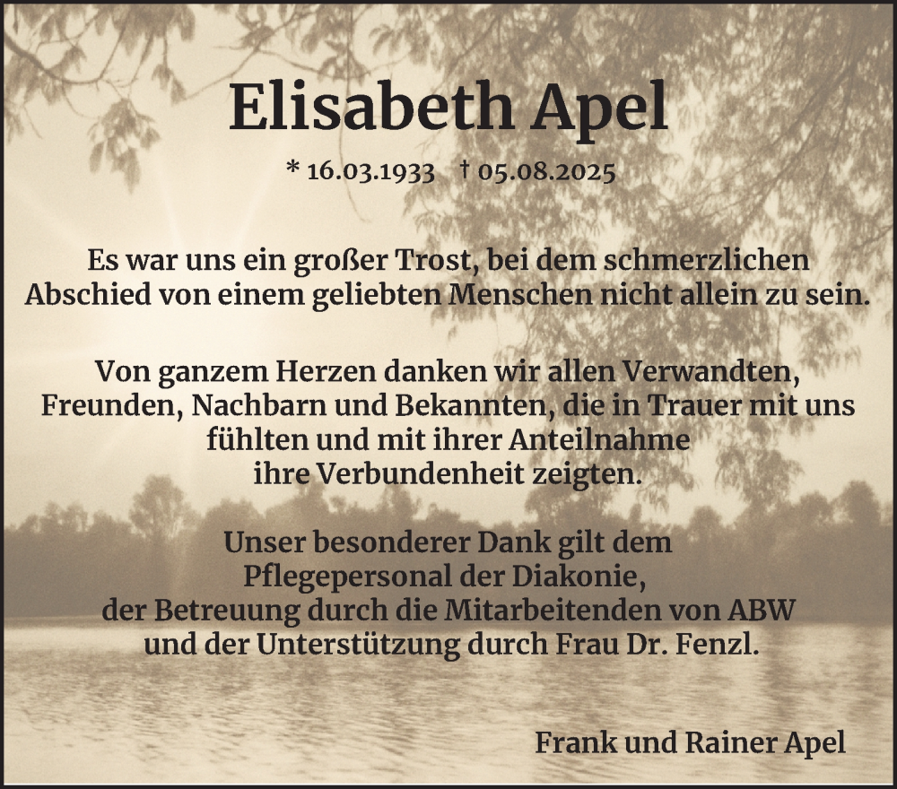  Traueranzeige für Elisabeth Apel vom 23.08.2025 aus Harz Kurier