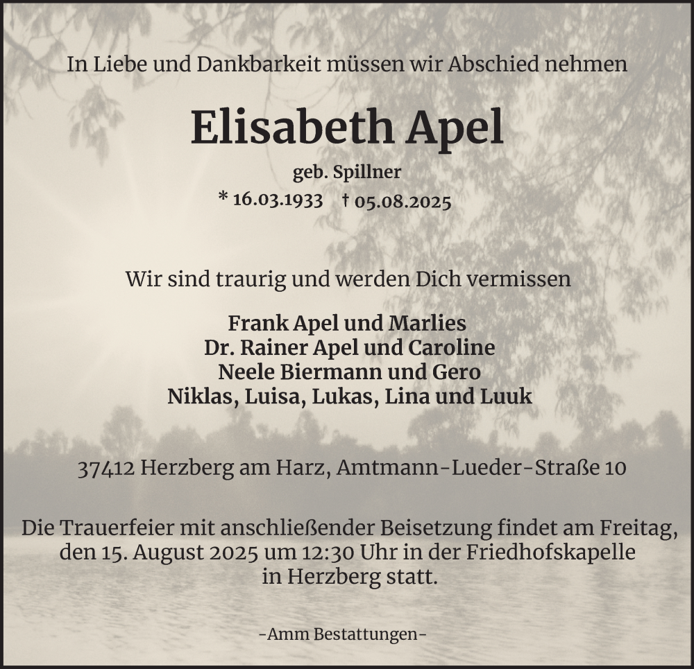  Traueranzeige für Elisabeth Apel vom 09.08.2025 aus Harz Kurier