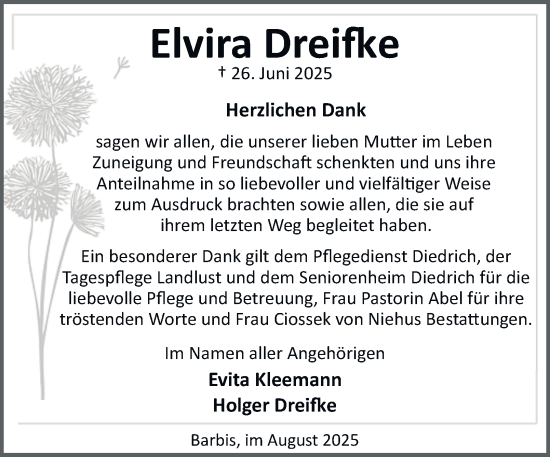 Traueranzeige von Elvira Dreifke von Harz Kurier