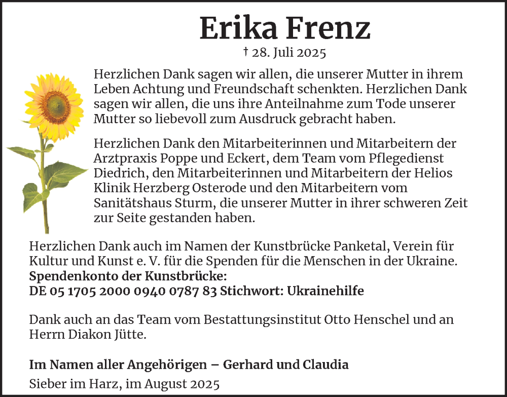  Traueranzeige für Erika Frenz vom 16.08.2025 aus Harz Kurier