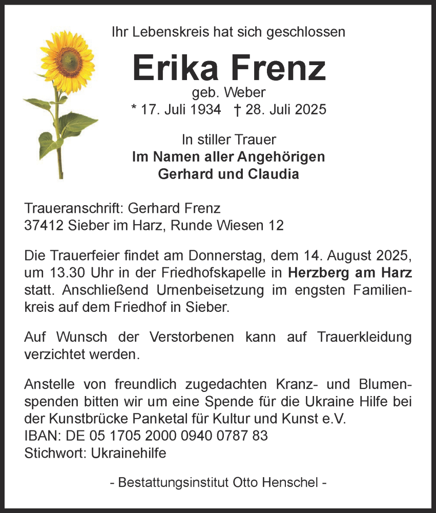  Traueranzeige für Erika Frenz vom 09.08.2025 aus Harz Kurier