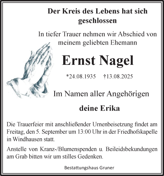 Traueranzeige von Ernst Nagel von Harz Kurier