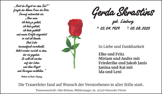 Traueranzeige von Gerda Skrastins von Harz Kurier