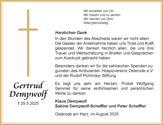 Traueranzeige von Gertrud Dempwolf von Harz Kurier
