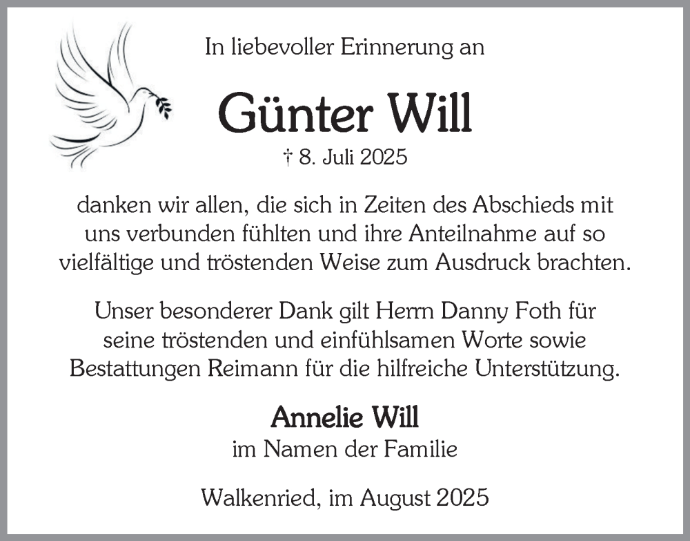  Traueranzeige für Günter Will vom 16.08.2025 aus Harz Kurier