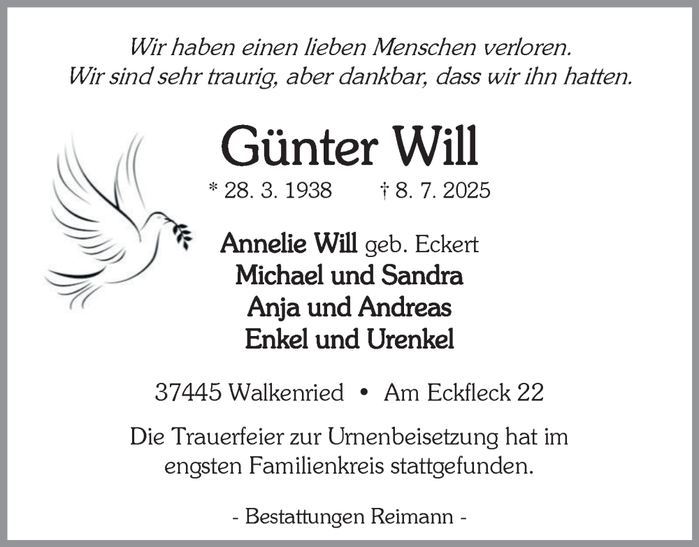  Traueranzeige für Günter Will vom 09.08.2025 aus Harz Kurier