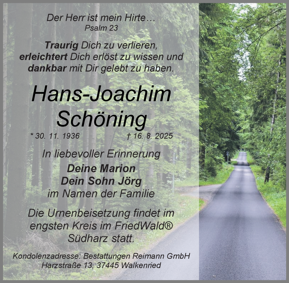 Traueranzeige für Hans-Joachim Schöning vom 23.08.2025 aus Harz Kurier