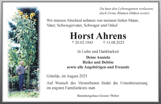 Traueranzeige von Horst Ahrens von Harz Kurier