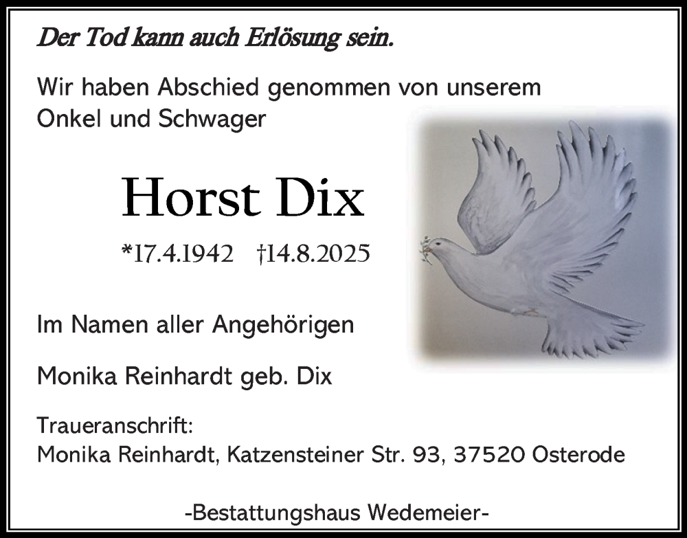  Traueranzeige für Horst Dix vom 23.08.2025 aus Harz Kurier