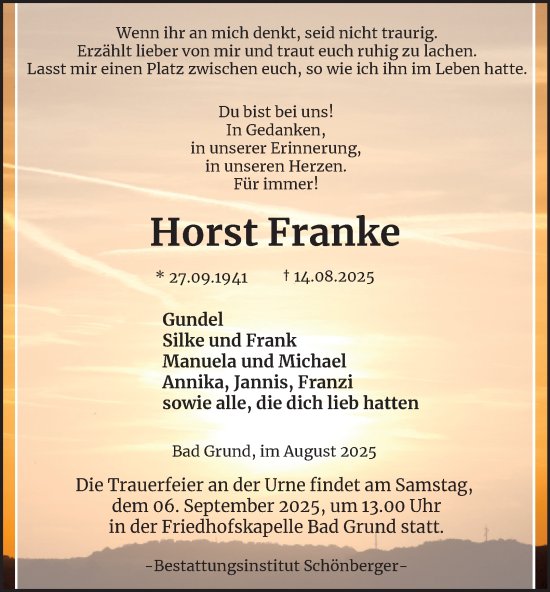 Traueranzeige von Horst Franke von Harz Kurier
