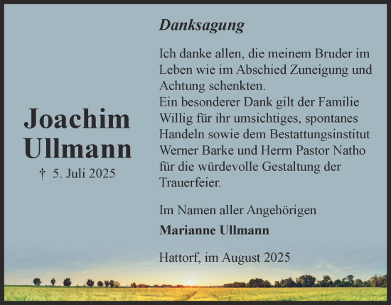 Traueranzeige von Joachim Ullmann von Harz Kurier