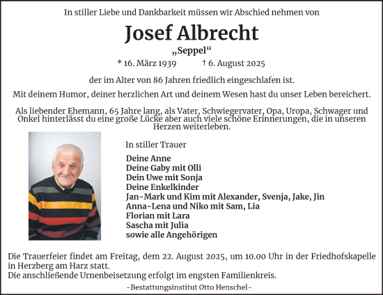 Traueranzeige von Josef Albrecht von Harz Kurier