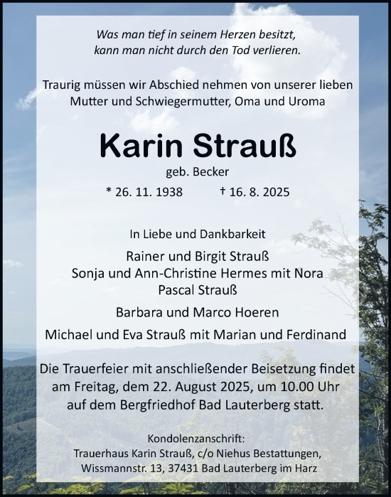 Traueranzeige von Karin Strauß von Harz Kurier