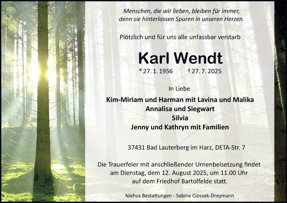  Traueranzeige für Karl Wendt vom 05.08.2025 aus Harz Kurier