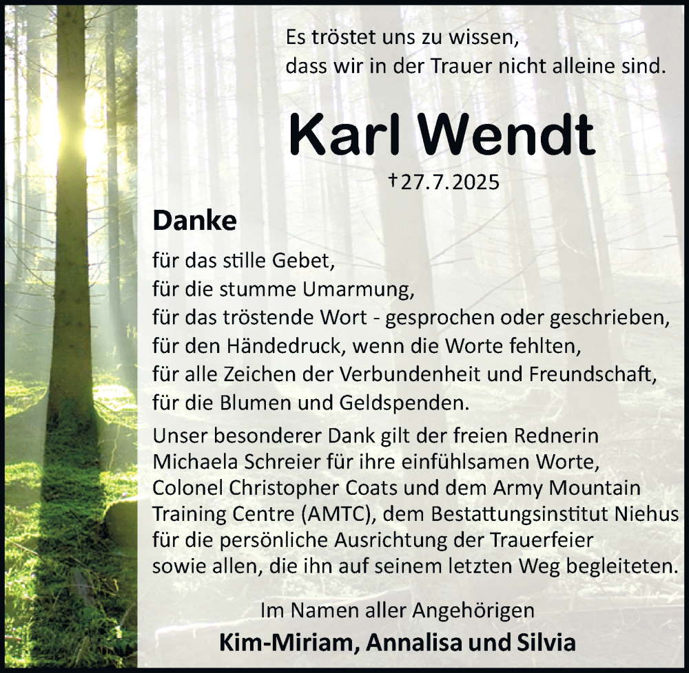  Traueranzeige für Karl Wendt vom 30.08.2025 aus Harz Kurier