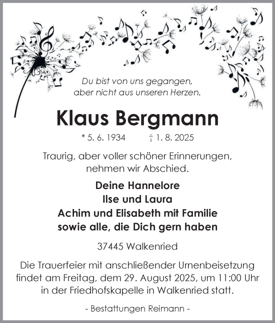 Traueranzeige von Klaus Bergmann von Harz Kurier