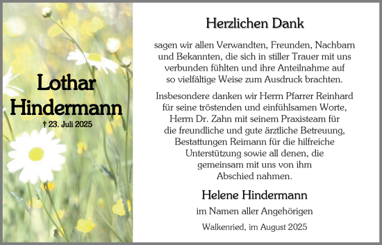 Traueranzeige von Lothar Hindermann von Harz Kurier