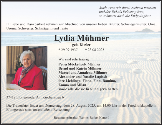 Traueranzeige von Lydia Mühmer von Harz Kurier