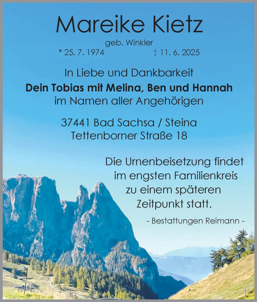  Traueranzeige für Mareike Kietz vom 09.08.2025 aus Harz Kurier