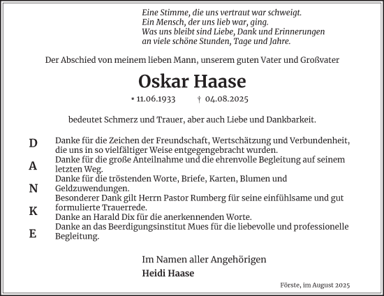 Traueranzeige von Oskar Haase von Harz Kurier