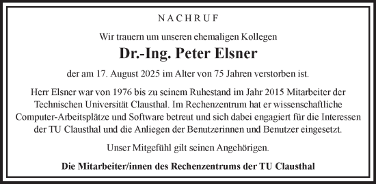 Traueranzeige von Peter Hans Heinz Elsner von Harz Kurier
