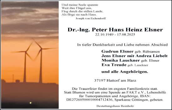 Traueranzeige von Peter Hans Heinz Elsner von Harz Kurier