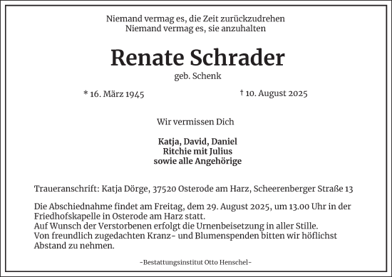 Traueranzeige von Renate Schrader von Harz Kurier