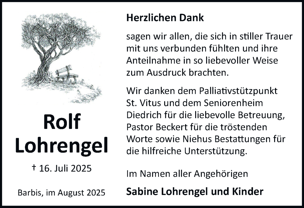  Traueranzeige für Rolf Lohrengel vom 23.08.2025 aus Harz Kurier