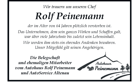 Traueranzeige von Rolf Peinemann von Harz Kurier
