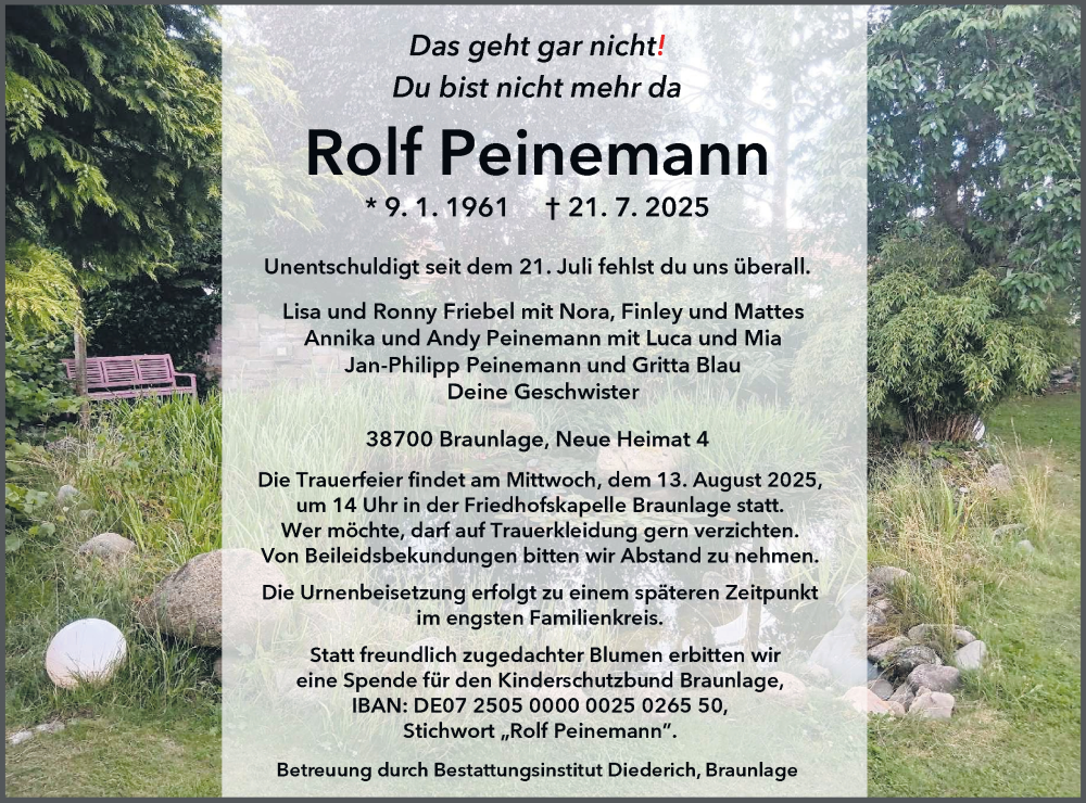  Traueranzeige für Rolf Peinemann vom 02.08.2025 aus Harz Kurier