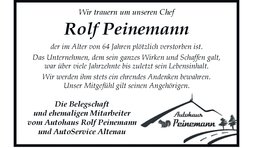  Traueranzeige für Rolf Peinemann vom 02.08.2025 aus Harz Kurier