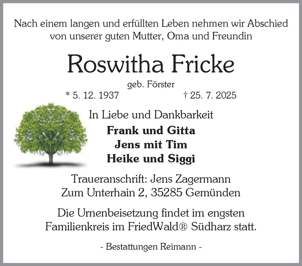  Traueranzeige für Roswitha Fricke vom 09.08.2025 aus Harz Kurier
