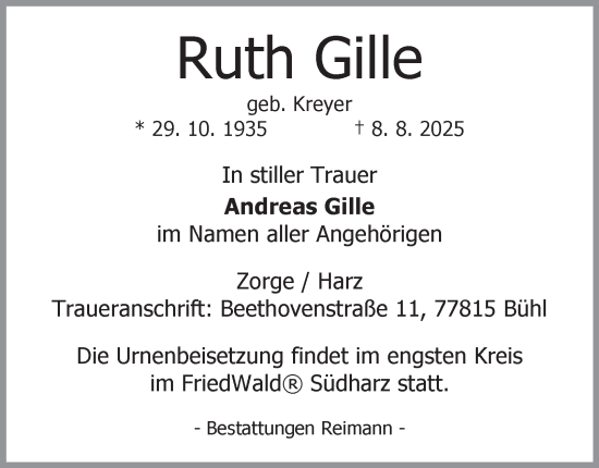 Traueranzeige von Ruth Gille von Harz Kurier
