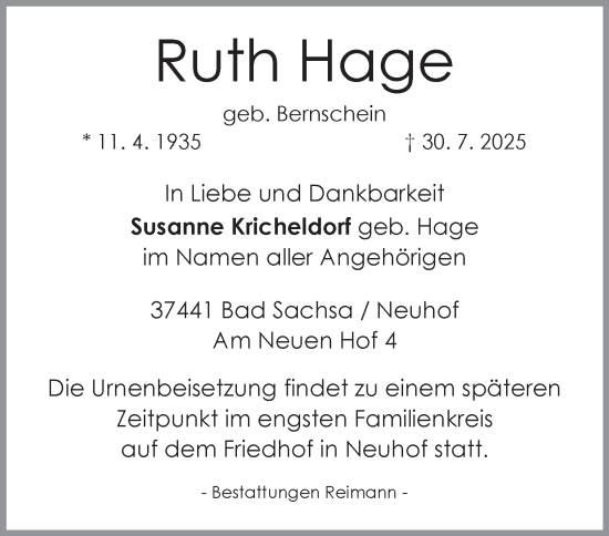 Traueranzeige von Ruth Hage von Harz Kurier
