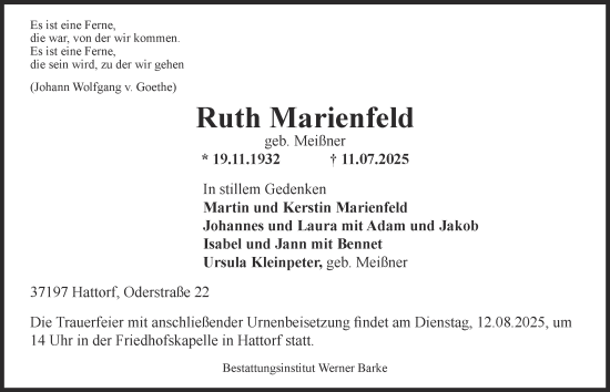 Traueranzeige von Ruth Marienfeld von Harz Kurier