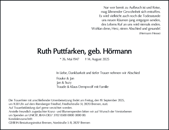Traueranzeige von Ruth Puttfarken von Harz Kurier