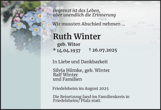 Traueranzeige von Ruth Winter von Harz Kurier