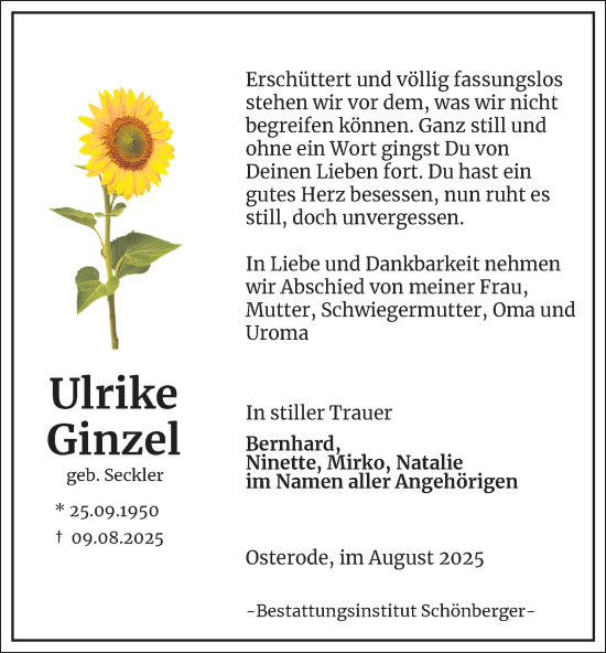 Traueranzeige von Ulrike Ginzel von Harz Kurier