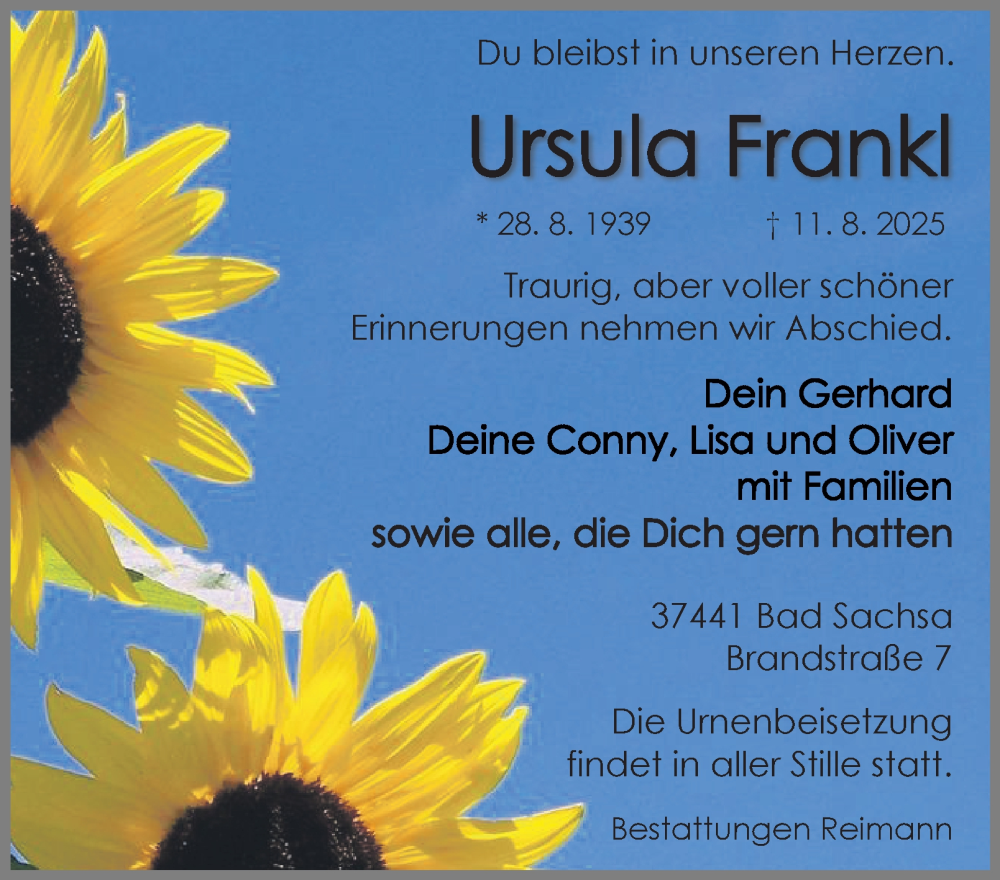  Traueranzeige für Ursula Frankl vom 23.08.2025 aus Harz Kurier