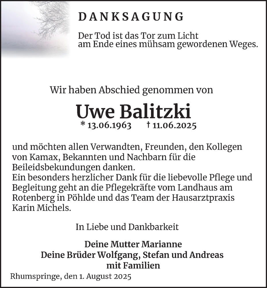  Traueranzeige für Uwe Balitzki vom 06.08.2025 aus Harz Kurier