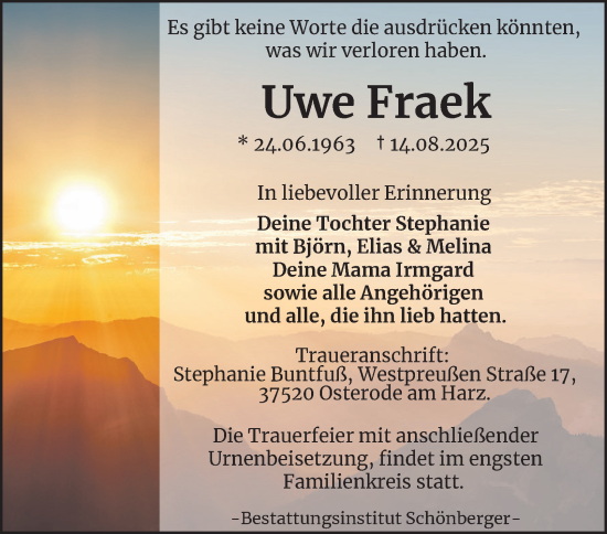 Traueranzeige von Uwe Fraek von Harz Kurier