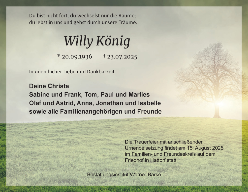  Traueranzeige für Willy König vom 02.08.2025 aus Harz Kurier